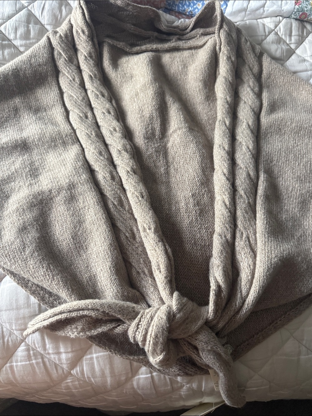 Free People Taupe Cable-Trim Knit Poncho with Front Tie